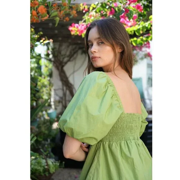 En Saison Green Puff Sleeve Cotton Mini Dress | Ruched Bodice | Size S - Picture 3 of 8